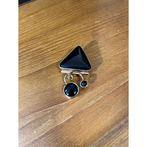 Vintage  Mid century Modern brooch pin Pendant Atomic Style gold tone Faux Onyx - Picture 3 of 7